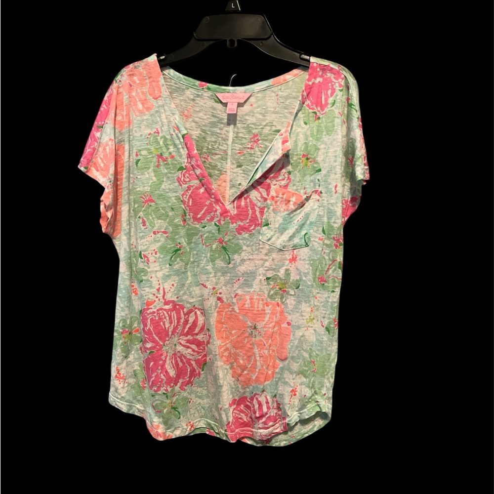 Women’s Lilly Pulitzer Sz Small Shirt Linen Floral Pink Green Short Sleeve